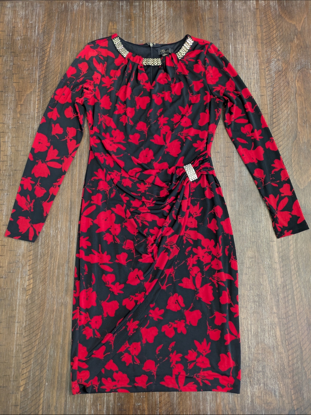 Women's Black & Red Floral Sheath Dress with Embellished Neckline